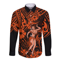 Hawaii Hula Girl Long Sleeve Button Shirt Polynesian Pattern Orange Version LT01 Unisex Orange - Polynesian Pride