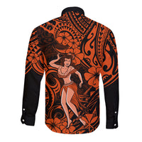 Hawaii Hula Girl Long Sleeve Button Shirt Polynesian Pattern Orange Version LT01 - Polynesian Pride