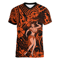Hawaii Hula Girl Women V Neck T Shirt Polynesian Pattern Orange Version LT01 Female Orange - Polynesian Pride