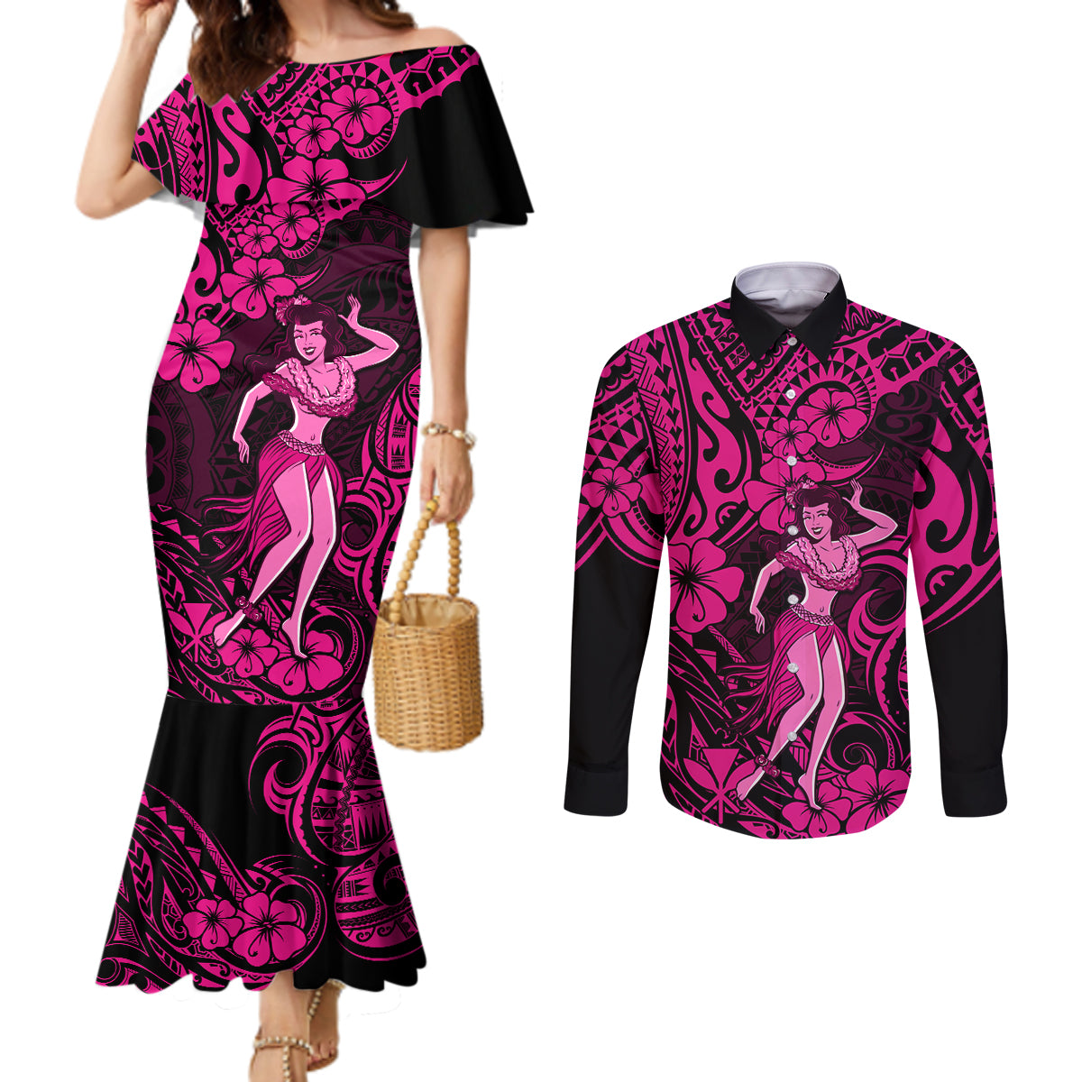 Hawaii Hula Girl Couples Matching Mermaid Dress and Long Sleeve Button Shirts Polynesian Pattern Pink Version LT01 Pink - Polynesian Pride