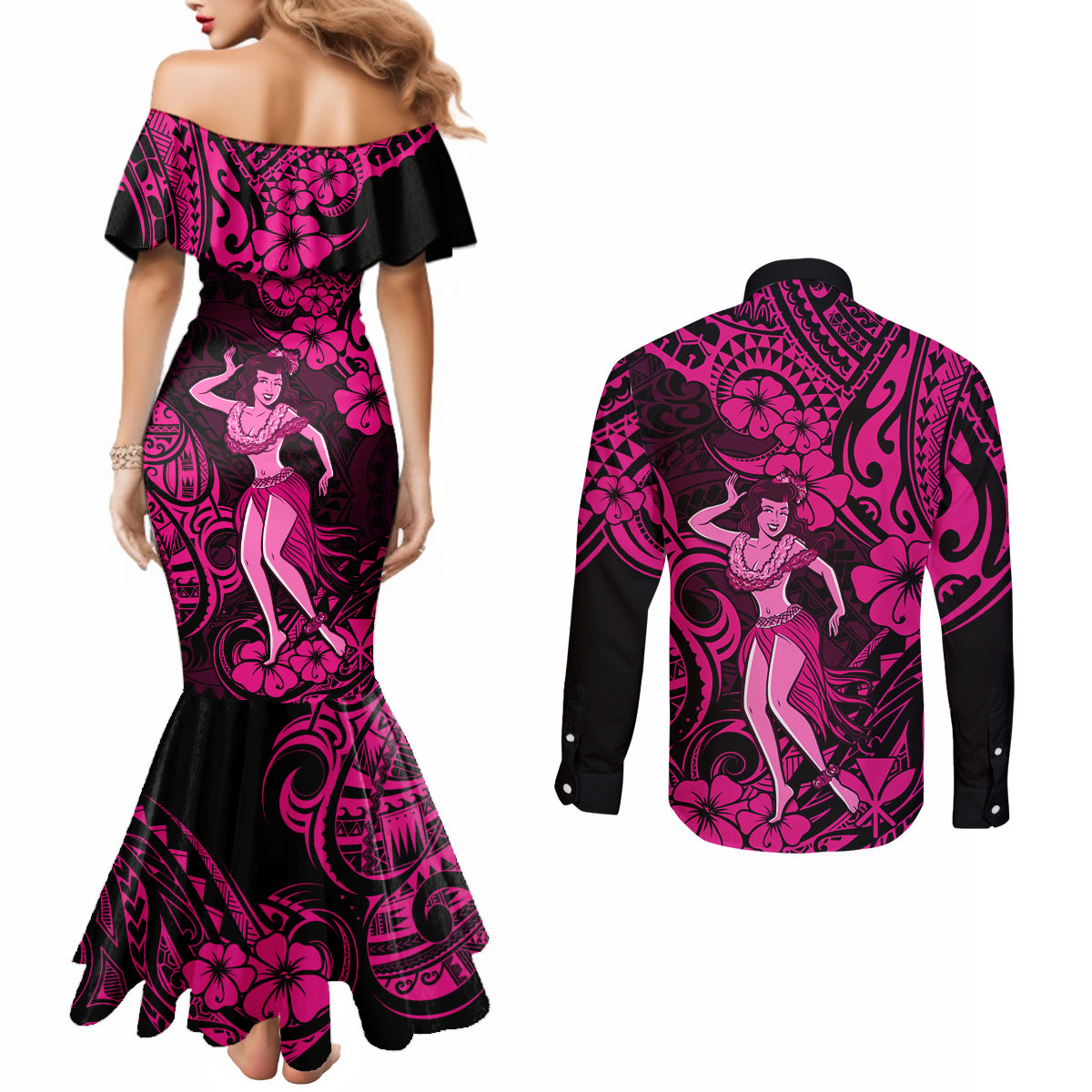 Hawaii Hula Girl Couples Matching Mermaid Dress and Long Sleeve Button Shirts Polynesian Pattern Pink Version LT01 - Polynesian Pride