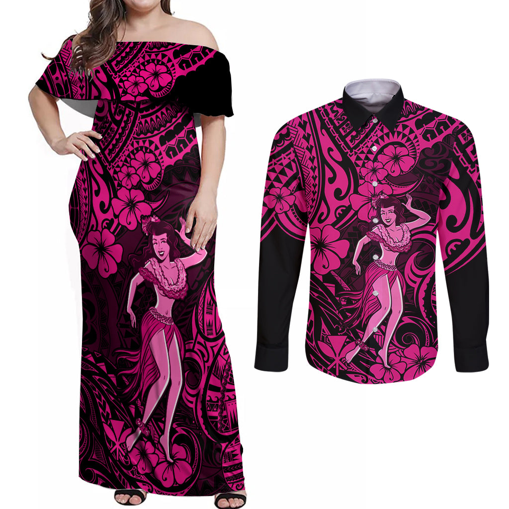 Hawaii Hula Girl Couples Matching Off Shoulder Maxi Dress and Long Sleeve Button Shirts Polynesian Pattern Pink Version LT01 Pink - Polynesian Pride