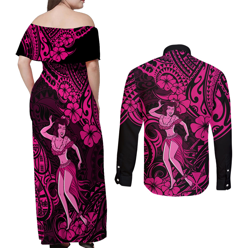 Hawaii Hula Girl Couples Matching Off Shoulder Maxi Dress and Long Sleeve Button Shirts Polynesian Pattern Pink Version LT01 - Polynesian Pride