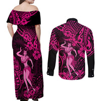 Hawaii Hula Girl Couples Matching Off Shoulder Maxi Dress and Long Sleeve Button Shirts Polynesian Pattern Pink Version LT01 - Polynesian Pride