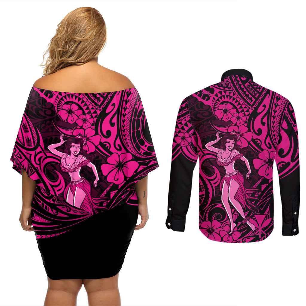 Hawaii Hula Girl Couples Matching Off Shoulder Short Dress and Long Sleeve Button Shirts Polynesian Pattern Pink Version LT01 - Polynesian Pride