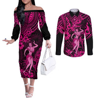 Hawaii Hula Girl Couples Matching Off The Shoulder Long Sleeve Dress and Long Sleeve Button Shirts Polynesian Pattern Pink Version LT01 Pink - Polynesian Pride