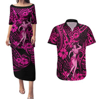 Hawaii Hula Girl Couples Matching Puletasi Dress and Hawaiian Shirt Polynesian Pattern Pink Version LT01 Pink - Polynesian Pride