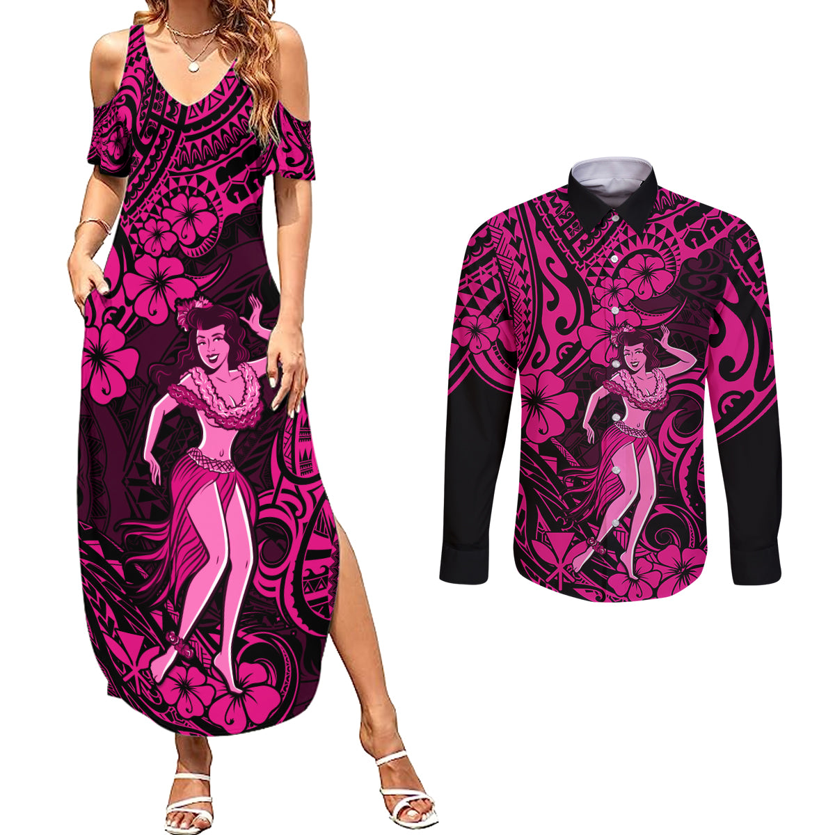 Hawaii Hula Girl Couples Matching Summer Maxi Dress and Long Sleeve Button Shirts Polynesian Pattern Pink Version LT01 Pink - Polynesian Pride