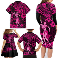 Hawaii Hula Girl Family Matching Long Sleeve Bodycon Dress and Hawaiian Shirt Polynesian Pattern Pink Version LT01 - Polynesian Pride