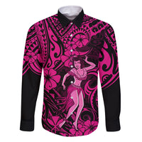 Hawaii Hula Girl Family Matching Off Shoulder Long Sleeve Dress and Hawaiian Shirt Polynesian Pattern Pink Version LT01 Dad's Shirt - Long Sleeve Pink - Polynesian Pride