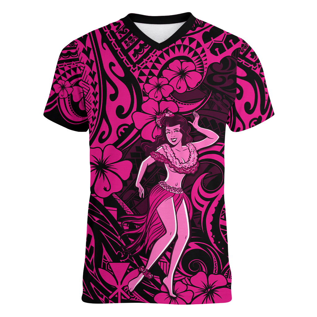 Hawaii Hula Girl Women V Neck T Shirt Polynesian Pattern Pink Version LT01 Female Pink - Polynesian Pride