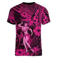 Hawaii Hula Girl Women V Neck T Shirt Polynesian Pattern Pink Version LT01 - Polynesian Pride