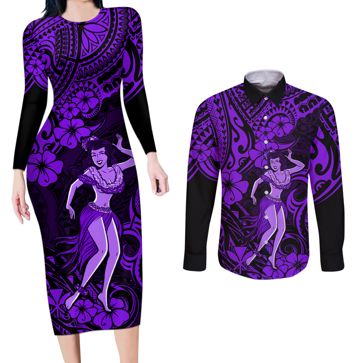 Hawaii Hula Girl Couples Matching Long Sleeve Bodycon Dress and Long Sleeve Button Shirts Hibiscus Hawaii Tribal Tattoo Purple Version LT01 Purple - Polynesian Pride