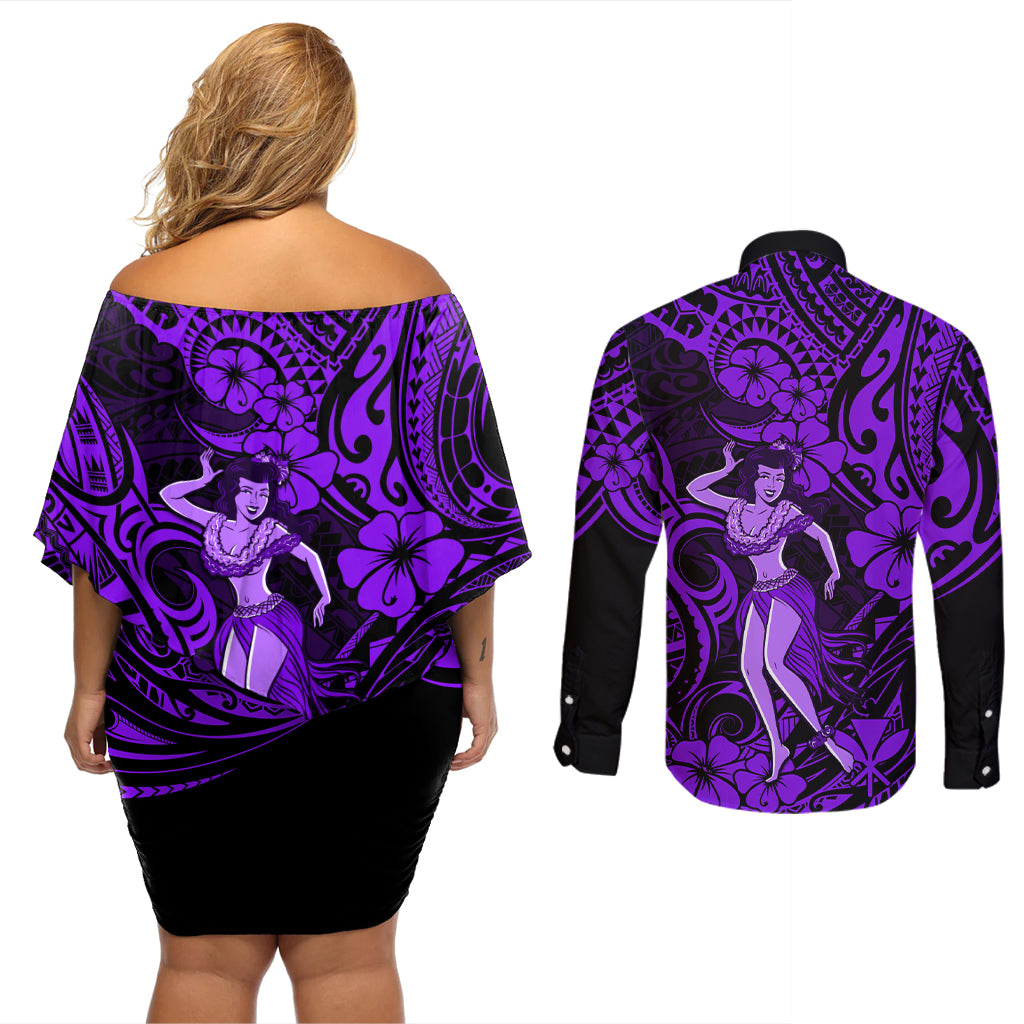 Hawaii Hula Girl Couples Matching Off Shoulder Short Dress and Long Sleeve Button Shirts Hibiscus Hawaii Tribal Tattoo Purple Version LT01 - Polynesian Pride