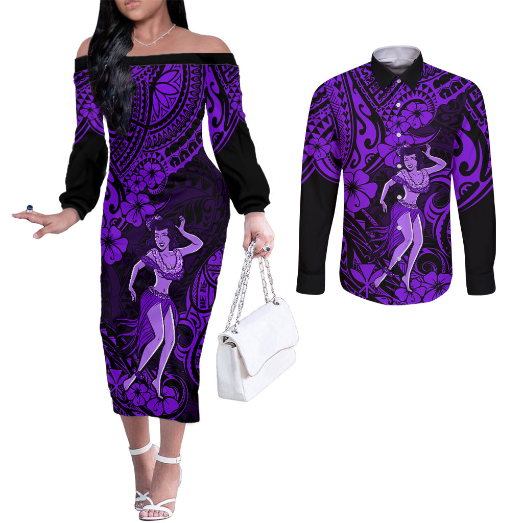 Hawaii Hula Girl Couples Matching Off The Shoulder Long Sleeve Dress and Long Sleeve Button Shirts Hibiscus Hawaii Tribal Tattoo Purple Version LT01 Purple - Polynesian Pride