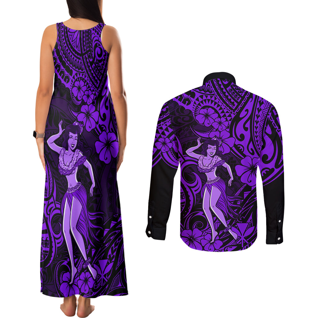 Hawaii Hula Girl Couples Matching Tank Maxi Dress and Long Sleeve Button Shirts Hibiscus Hawaii Tribal Tattoo Purple Version LT01 - Polynesian Pride