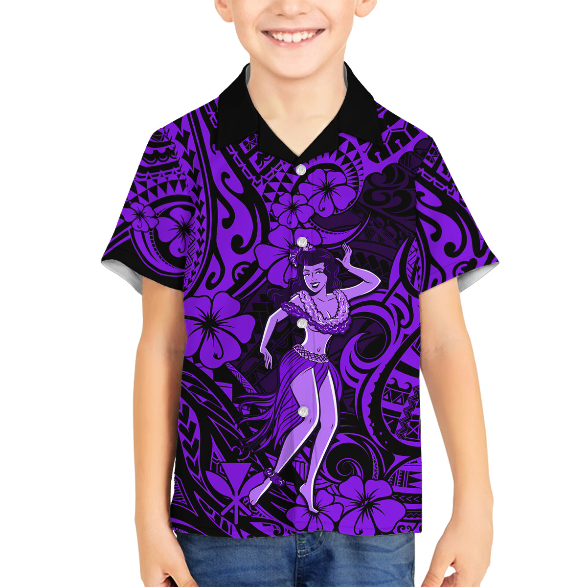 Hawaii Hula Girl Family Matching Tank Maxi Dress and Hawaiian Shirt Hibiscus Hawaii Tribal Tattoo Purple Version LT01 Son's Shirt Purple - Polynesian Pride