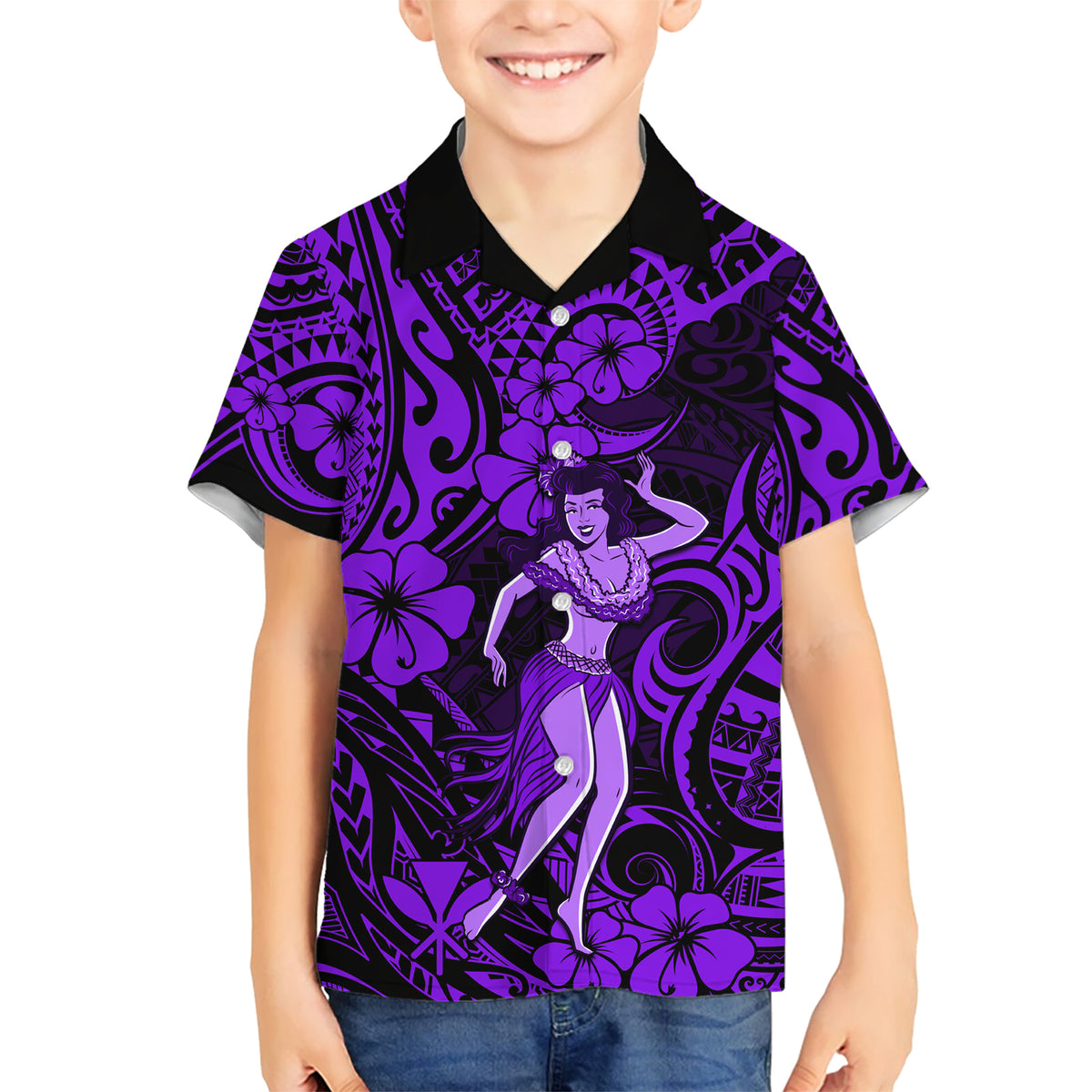 Hawaii Hula Girl Kid Hawaiian Shirt Hibiscus Hawaii Tribal Tattoo Purple Version LT01 Kid Purple - Polynesian Pride