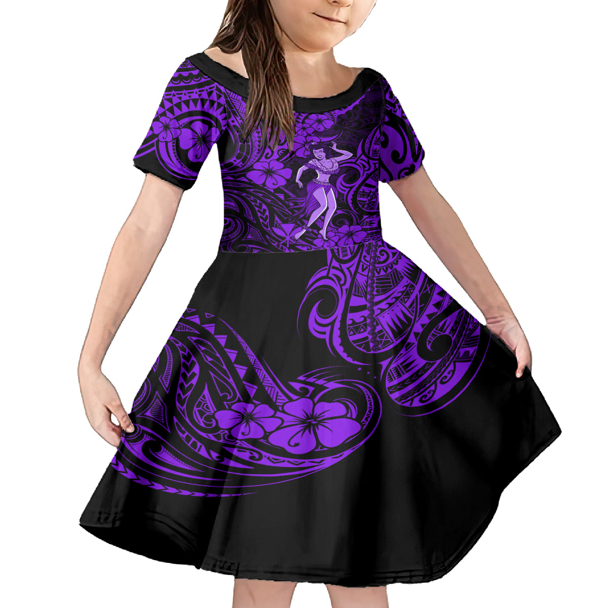 Hawaii Hula Girl Kid Short Sleeve Dress Hibiscus Hawaii Tribal Tattoo Purple Version LT01 KID Purple - Polynesian Pride