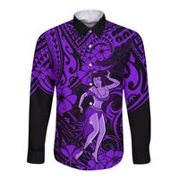 Hawaii Hula Girl Long Sleeve Button Shirt Hibiscus Hawaii Tribal Tattoo Purple Version LT01 Unisex Purple - Polynesian Pride
