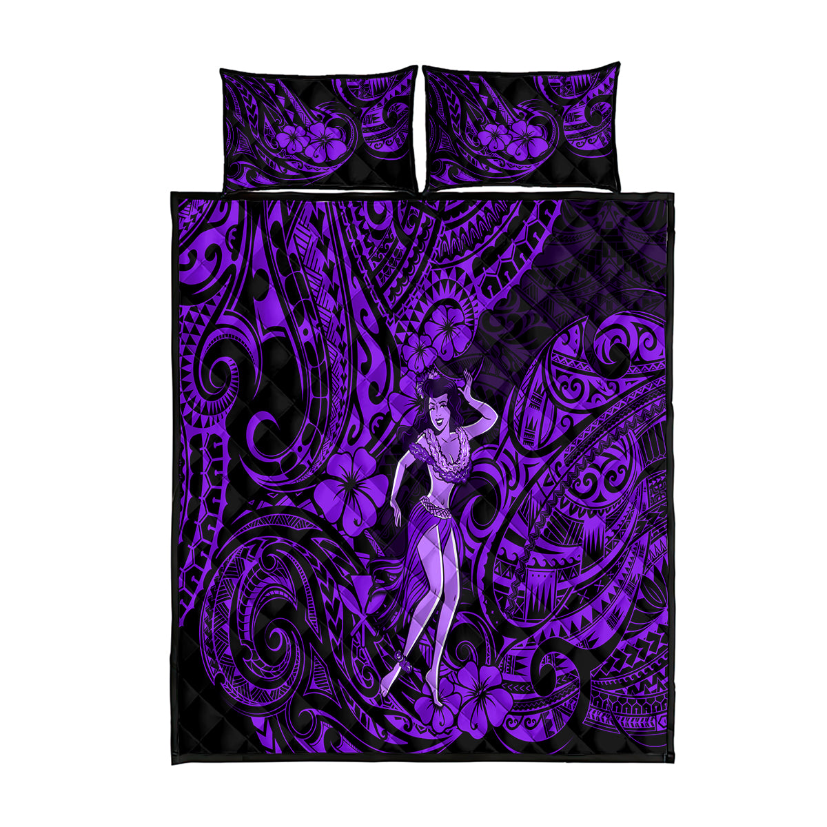 Hawaii Hula Girl Quilt Bed Set Hibiscus Hawaii Tribal Tattoo Purple Version LT01 Purple - Polynesian Pride