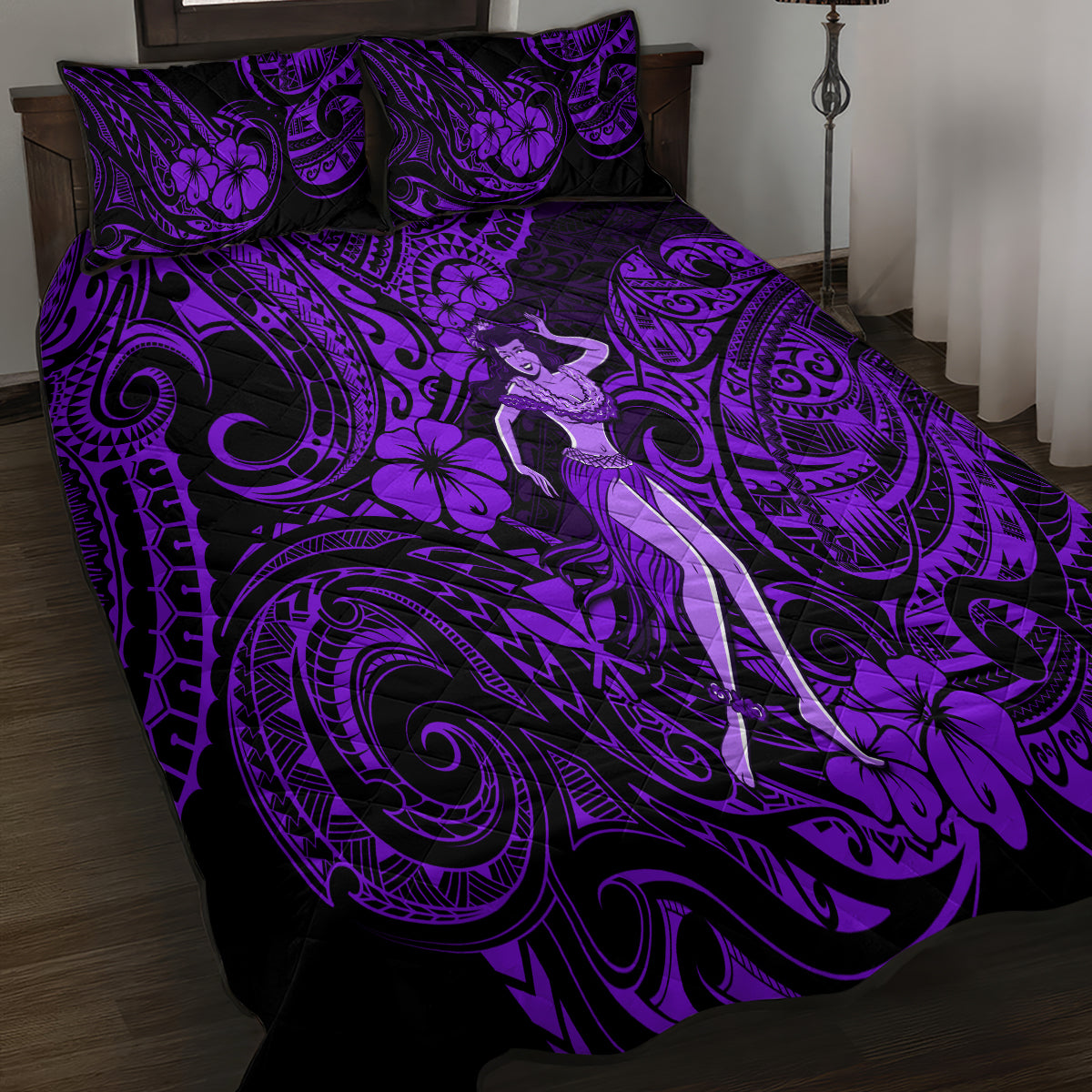 Hawaii Hula Girl Quilt Bed Set Hibiscus Hawaii Tribal Tattoo Purple Version LT01 - Polynesian Pride