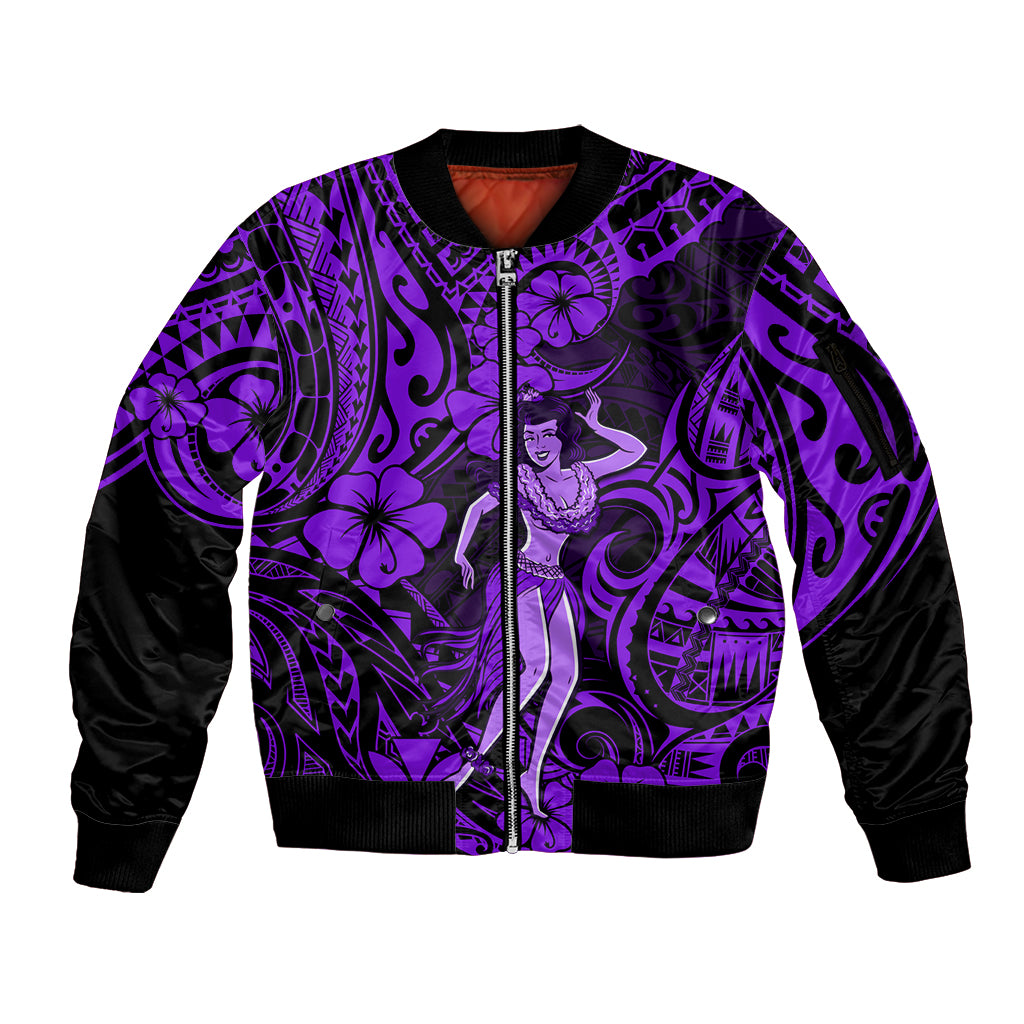 Hawaii Hula Girl Sleeve Zip Bomber Jacket Hibiscus Hawaii Tribal Tattoo Purple Version LT01 Unisex Purple - Polynesian Pride