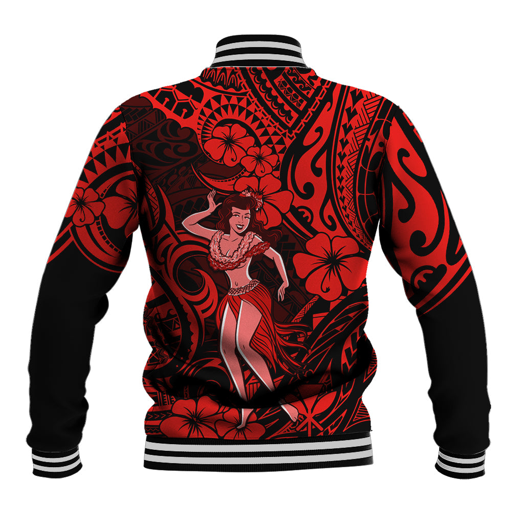 Hawaii Hula Girl Baseball Jacket Hibiscus Hawaii Tribal Tattoo Red Version LT01 - Polynesian Pride