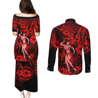 Hawaii Hula Girl Couples Matching Puletasi Dress and Long Sleeve Button Shirts Hibiscus Hawaii Tribal Tattoo Red Version LT01 - Polynesian Pride