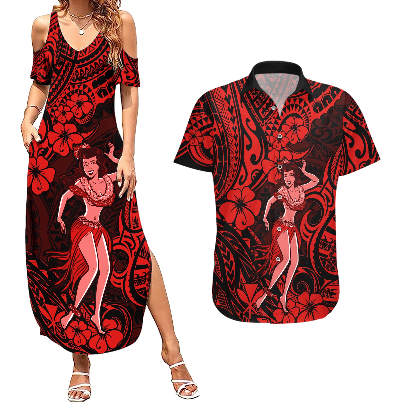Hawaii Hula Girl Couples Matching Summer Maxi Dress and Hawaiian Shirt Hibiscus Hawaii Tribal Tattoo Red Version LT01 Red - Polynesian Pride