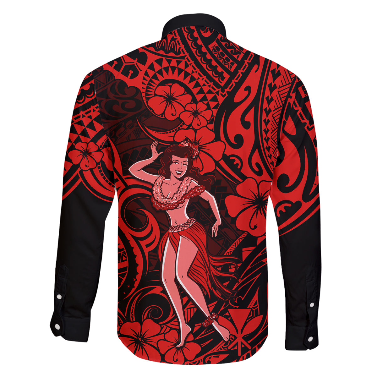 Hawaii Hula Girl Family Matching Off Shoulder Long Sleeve Dress and Hawaiian Shirt Hibiscus Hawaii Tribal Tattoo Red Version LT01 - Polynesian Pride