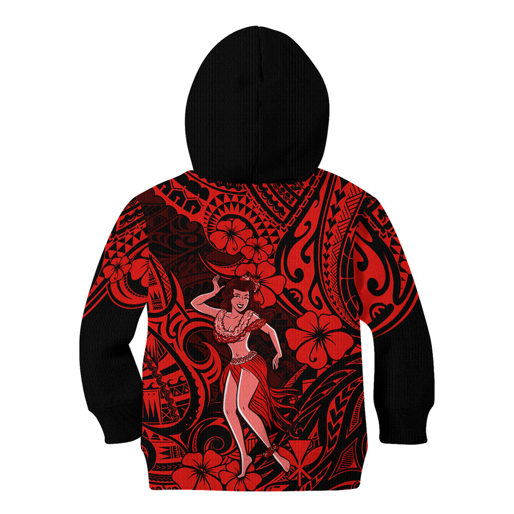 Hawaii Hula Girl Kid Hoodie Hibiscus Hawaii Tribal Tattoo Red Version LT01 - Polynesian Pride