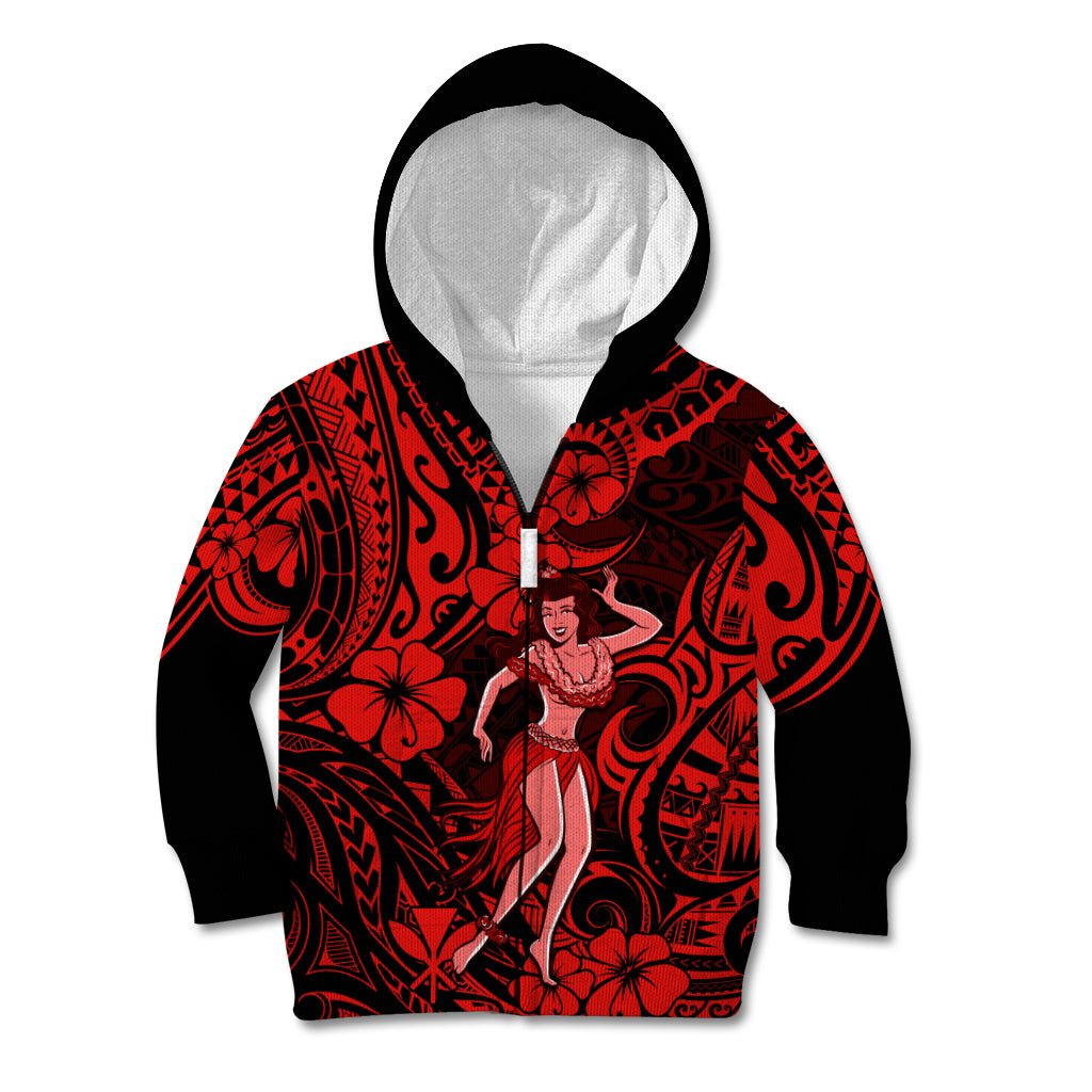 Hawaii Hula Girl Kid Hoodie Hibiscus Hawaii Tribal Tattoo Red Version LT01 - Polynesian Pride