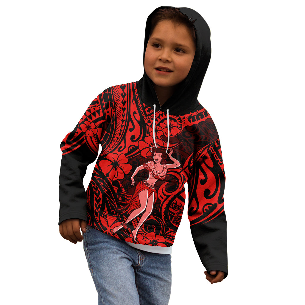 Hawaii Hula Girl Kid Hoodie Hibiscus Hawaii Tribal Tattoo Red Version LT01 - Polynesian Pride