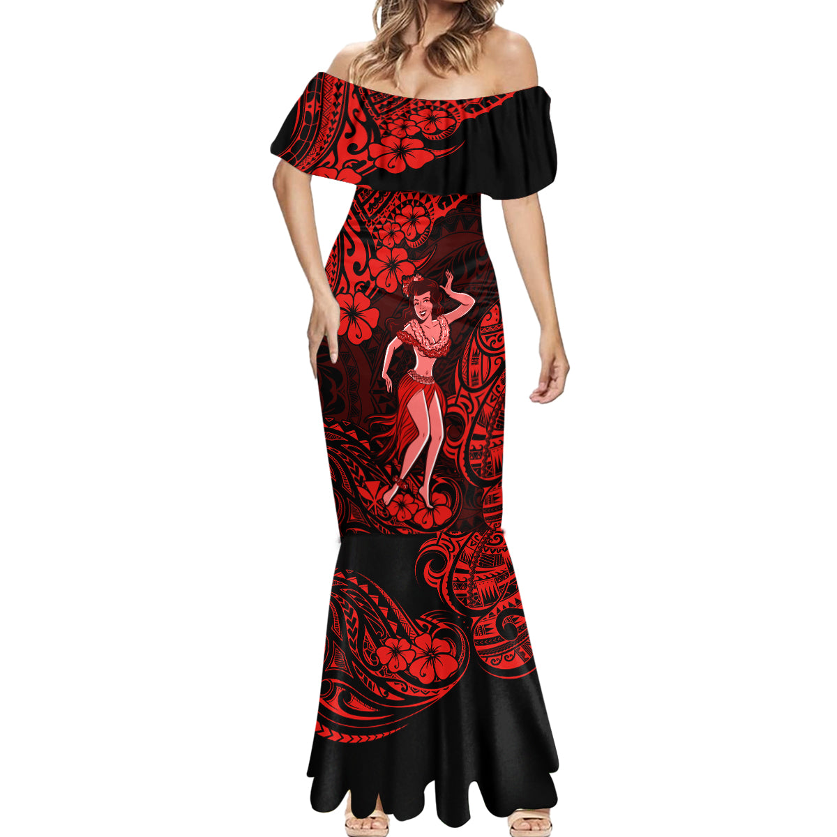 Hawaii Hula Girl Mermaid Dress Hibiscus Hawaii Tribal Tattoo Red Version LT01 - Polynesian Pride