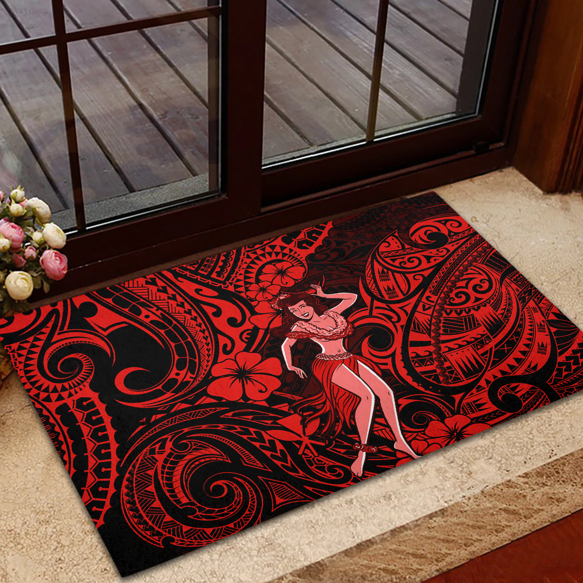 Hawaii Hula Girl Rubber Doormat Hibiscus Hawaii Tribal Tattoo Red Version LT01 - Polynesian Pride