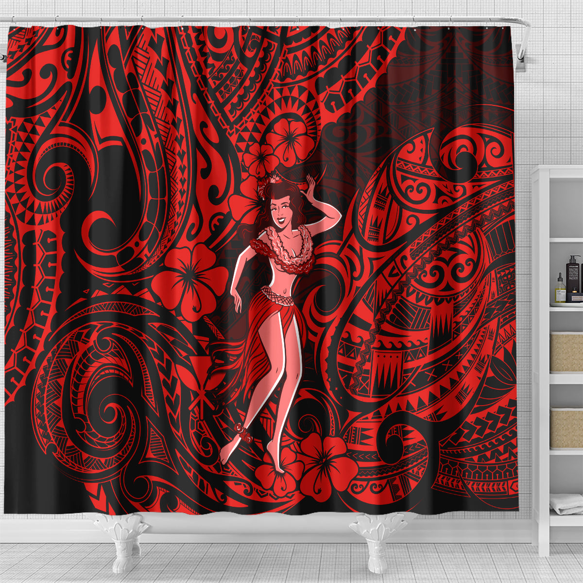 Hawaii Hula Girl Shower Curtain Hibiscus Hawaii Tribal Tattoo Red Version LT01 - Polynesian Pride
