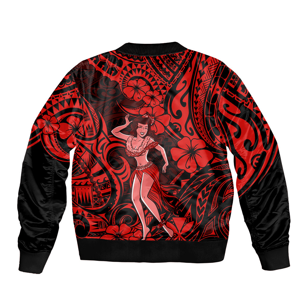 Hawaii Hula Girl Sleeve Zip Bomber Jacket Hibiscus Hawaii Tribal Tattoo Red Version LT01 - Polynesian Pride