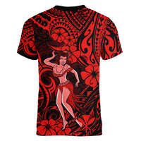 Hawaii Hula Girl Women V Neck T Shirt Hibiscus Hawaii Tribal Tattoo Red Version LT01 - Polynesian Pride