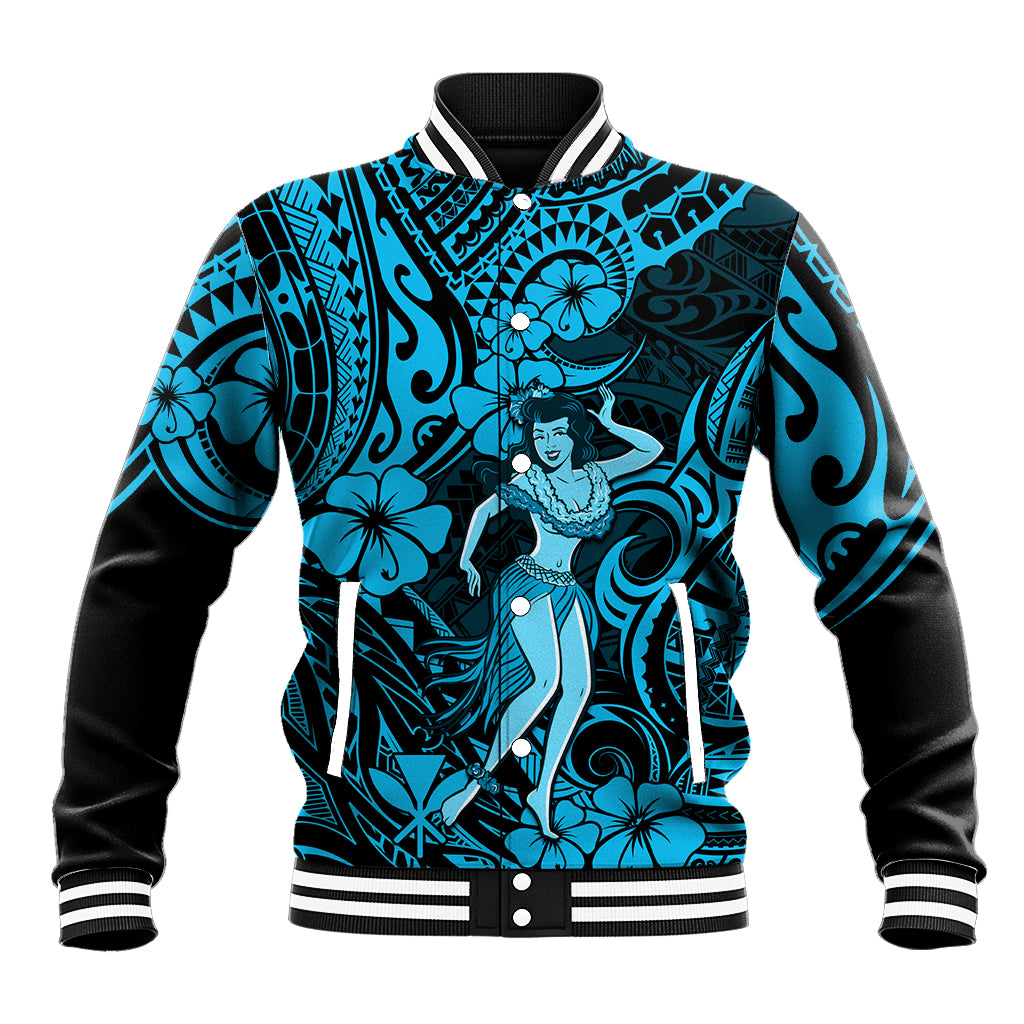 Hawaii Hula Girl Baseball Jacket Hibiscus Hawaii Tribal Tattoo Sky Blue Version LT01 Unisex Blue - Polynesian Pride