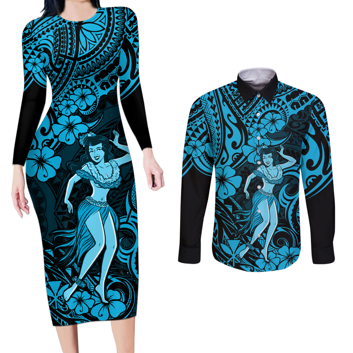 Hawaii Hula Girl Couples Matching Long Sleeve Bodycon Dress and Long Sleeve Button Shirts Hibiscus Hawaii Tribal Tattoo Sky Blue Version LT01 Blue - Polynesian Pride
