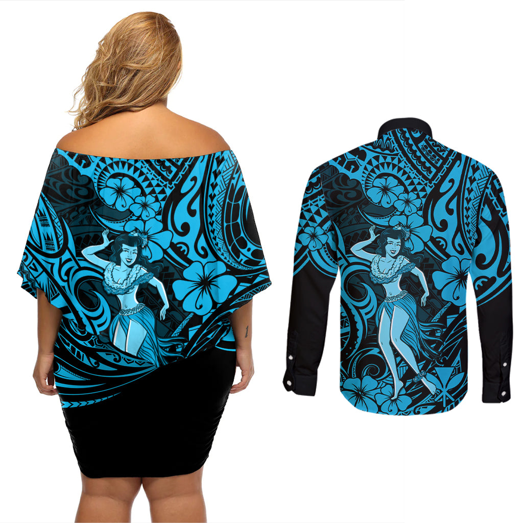 Hawaii Hula Girl Couples Matching Off Shoulder Short Dress and Long Sleeve Button Shirts Hibiscus Hawaii Tribal Tattoo Sky Blue Version LT01 - Polynesian Pride