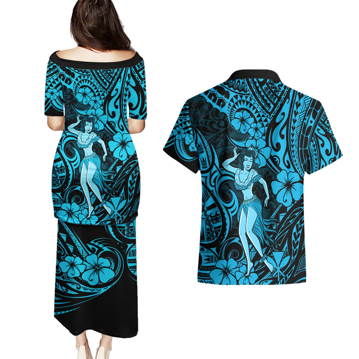 Hawaii Hula Girl Couples Matching Puletasi Dress and Hawaiian Shirt Hibiscus Hawaii Tribal Tattoo Sky Blue Version LT01 - Polynesian Pride