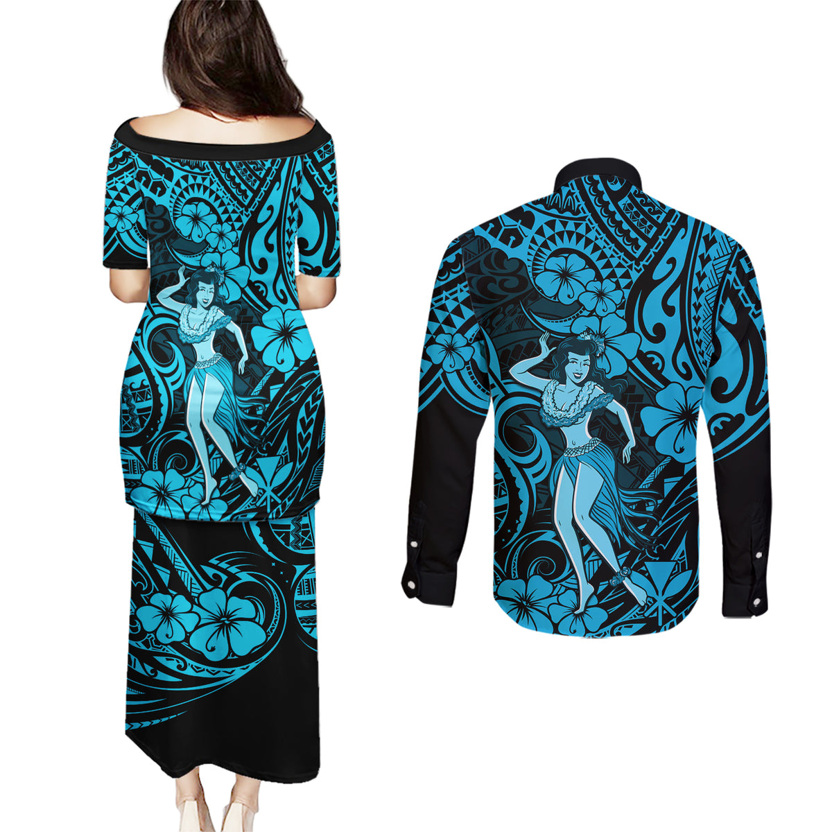 Hawaii Hula Girl Couples Matching Puletasi Dress and Long Sleeve Button Shirts Hibiscus Hawaii Tribal Tattoo Sky Blue Version LT01 - Polynesian Pride