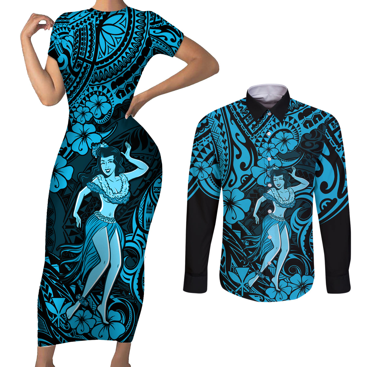 Hawaii Hula Girl Couples Matching Short Sleeve Bodycon Dress and Long Sleeve Button Shirts Hibiscus Hawaii Tribal Tattoo Sky Blue Version LT01 Blue - Polynesian Pride