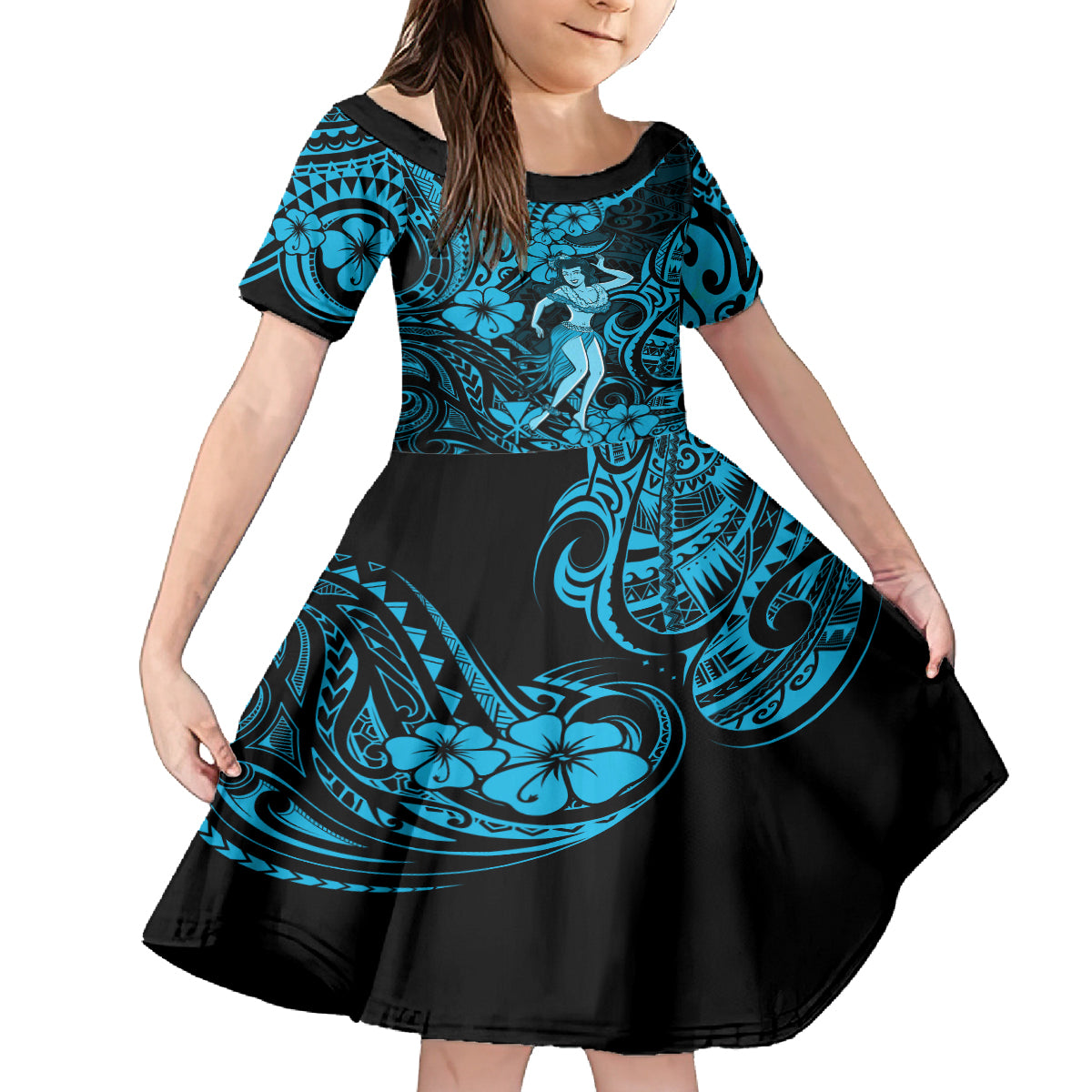 Hawaii Hula Girl Kid Short Sleeve Dress Hibiscus Hawaii Tribal Tattoo Sky Blue Version LT01 KID Blue - Polynesian Pride