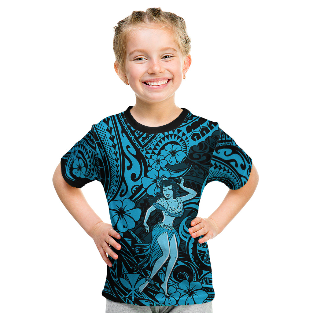Hawaii Hula Girl Kid T Shirt Hibiscus Hawaii Tribal Tattoo Sky Blue Version LT01 Blue - Polynesian Pride
