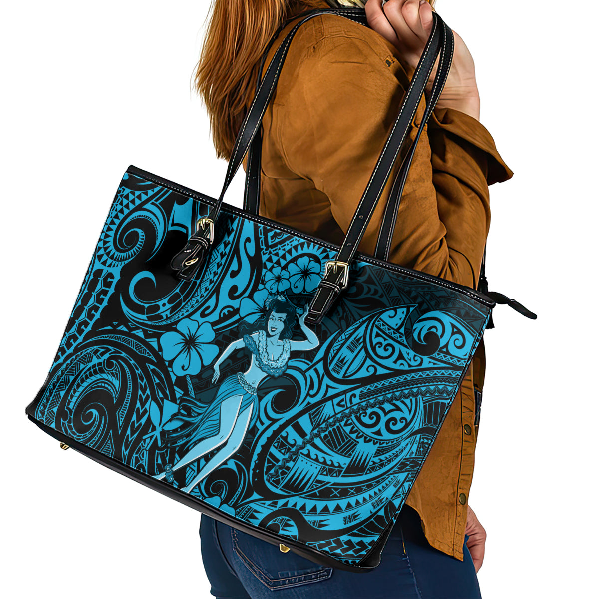 Hawaii Hula Girl Leather Tote Bag Hibiscus Hawaii Tribal Tattoo Sky Blue Version LT01 - Polynesian Pride