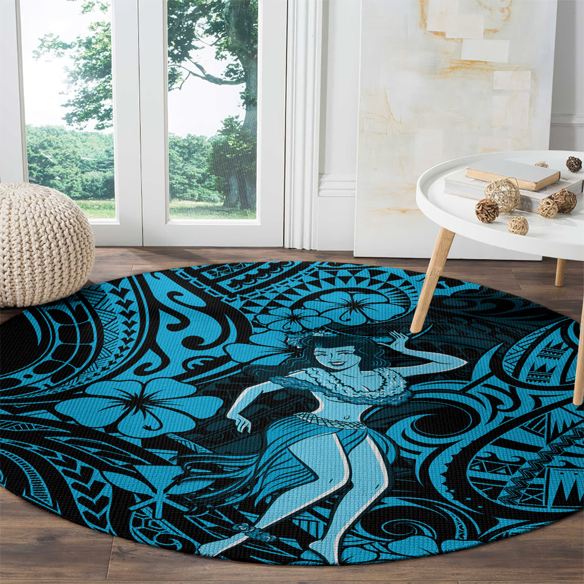 Hawaii Hula Girl Round Carpet Hibiscus Hawaii Tribal Tattoo Sky Blue Version LT01 - Polynesian Pride