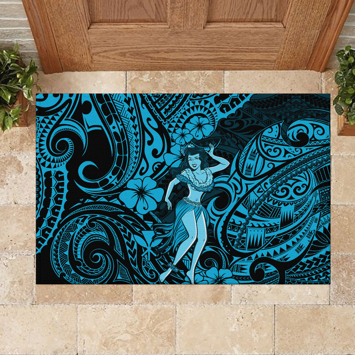 Hawaii Hula Girl Rubber Doormat Hibiscus Hawaii Tribal Tattoo Sky Blue Version LT01 - Polynesian Pride